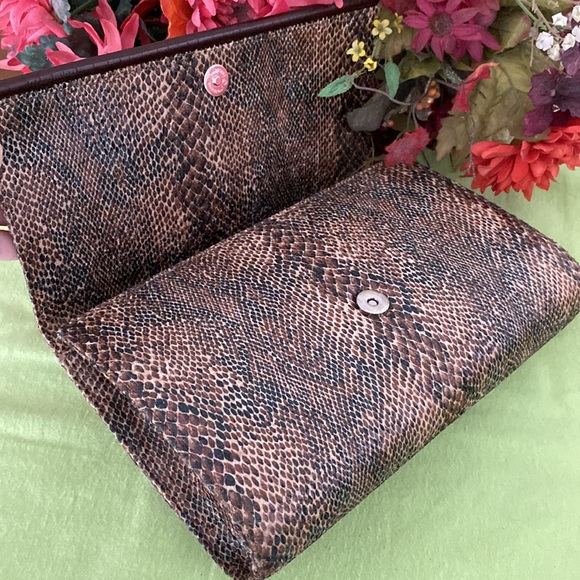 Python print man made material clutch bag brown and tan color. - Picture 10 of 10